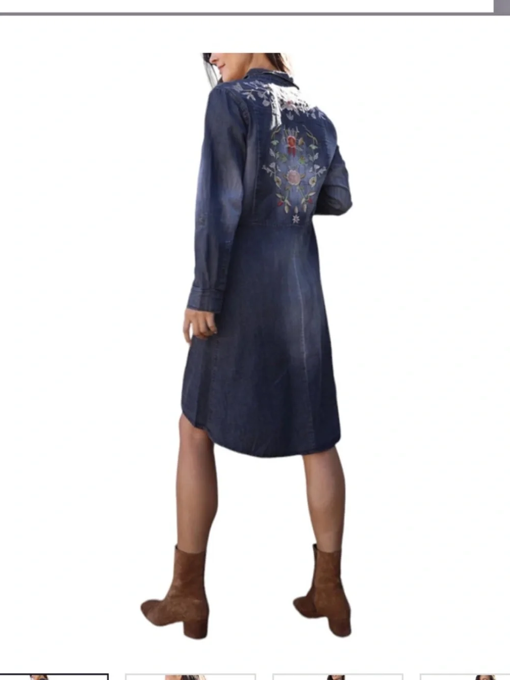Nostalgia Gray 100% Cotton Denim Dress with Multicolor Floral Embroidery - Picture 2 of 9